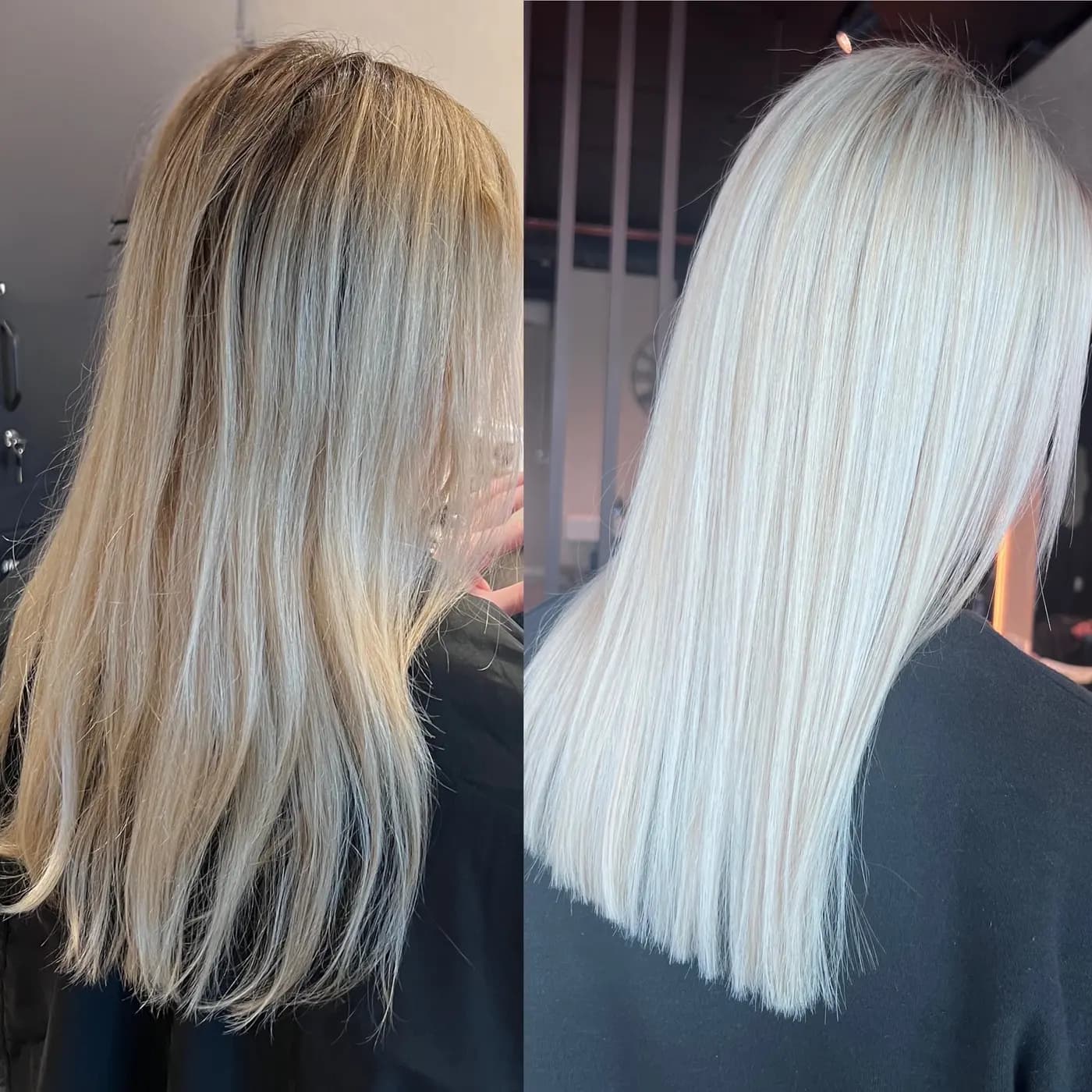 Before and after: warm faded blonde on the left, cool platinum on the right