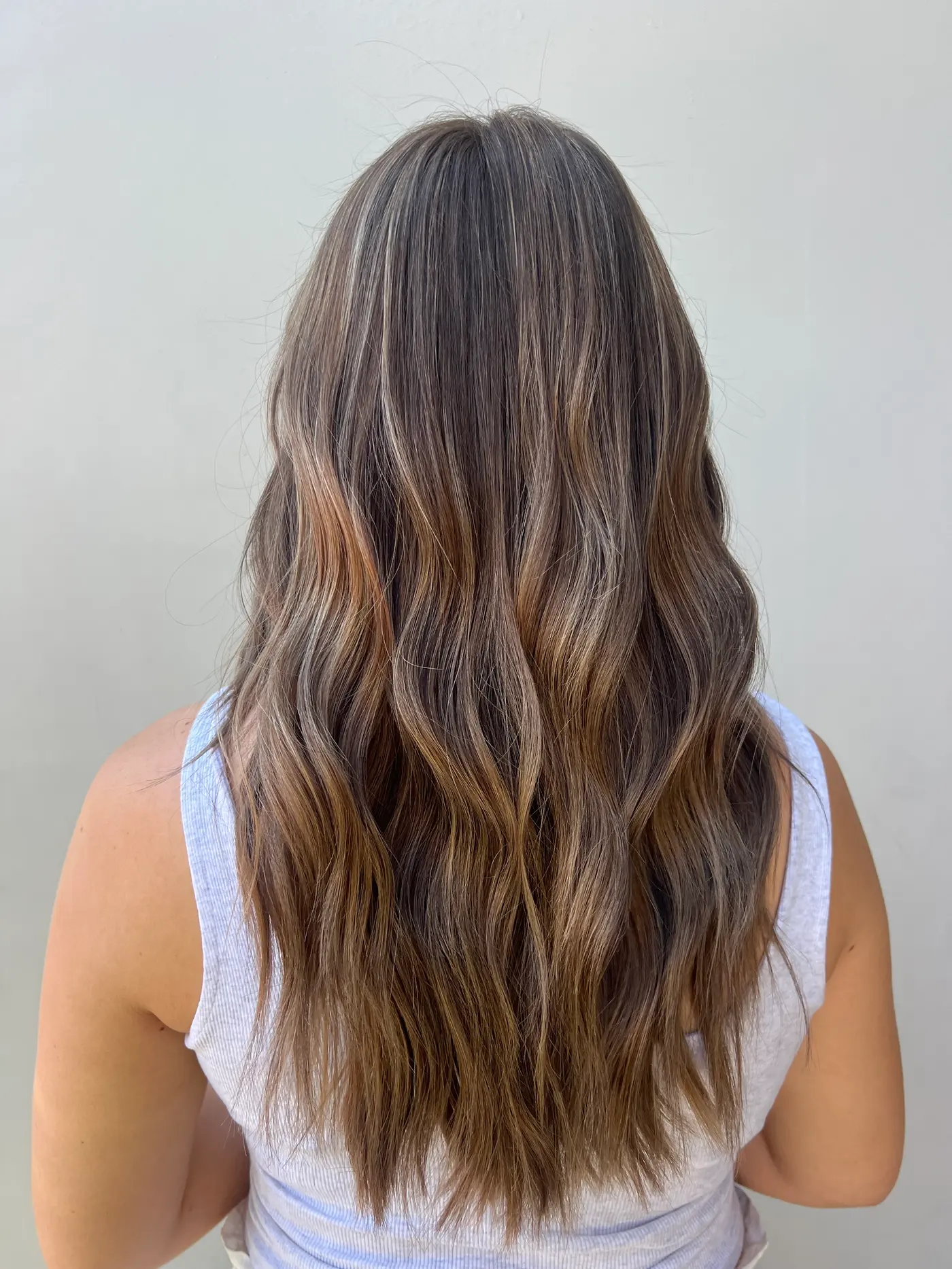 Even, dimensional brunette colour with soft balayage through the lengths, from the back, at Jenna Ellen Hair