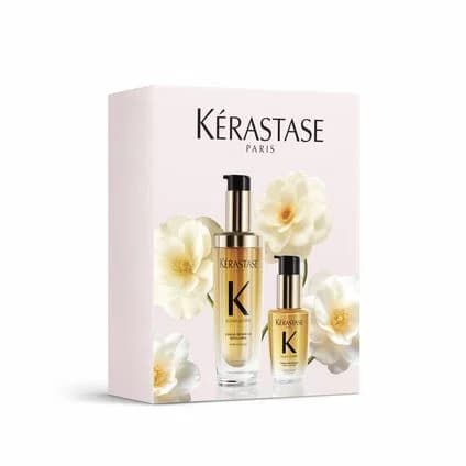 Kérastase Elixir Ultime gift set: a 75ml and a 30ml bottle of hair oil in a pink floral gift box