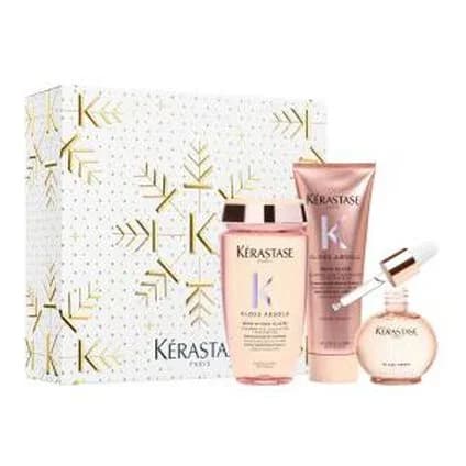 Kérastase Gloss Absolu gift set: shampoo, conditioner and a gloss serum in a white and gold Christmas box